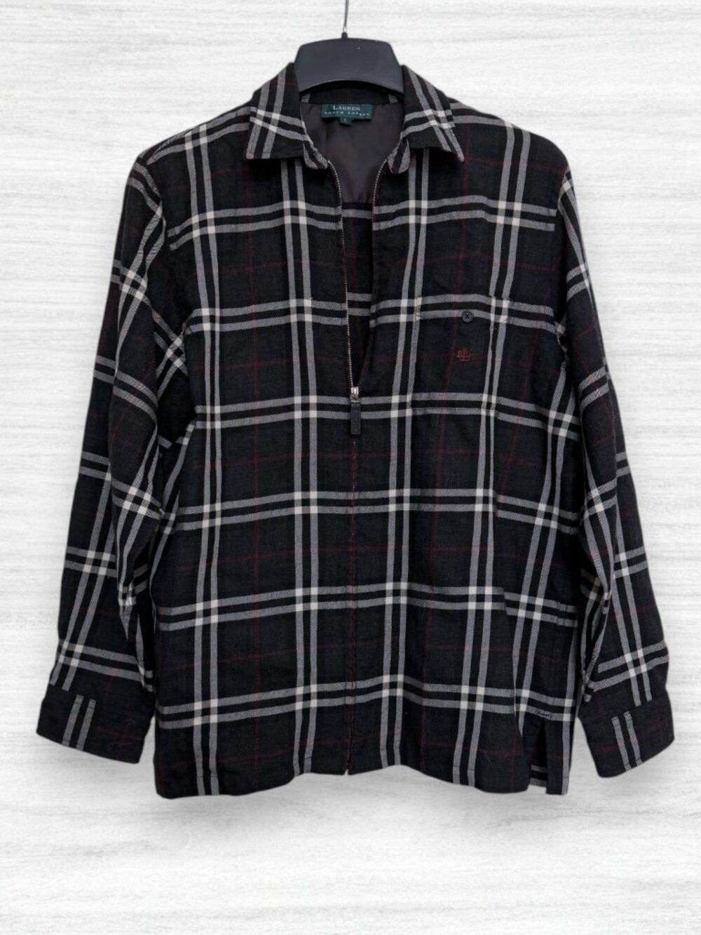 Lauren Ralph Lauren Womens Plaid Zip Front Shirt Jacket Shacket Black Red Gray L